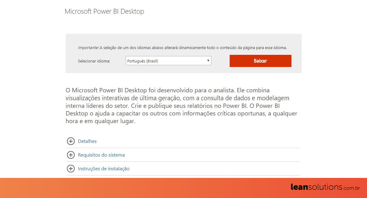 A imagem mostra a página da microsoft onde você seleciona o idioma antes de prosseguir como instalar o Power BI