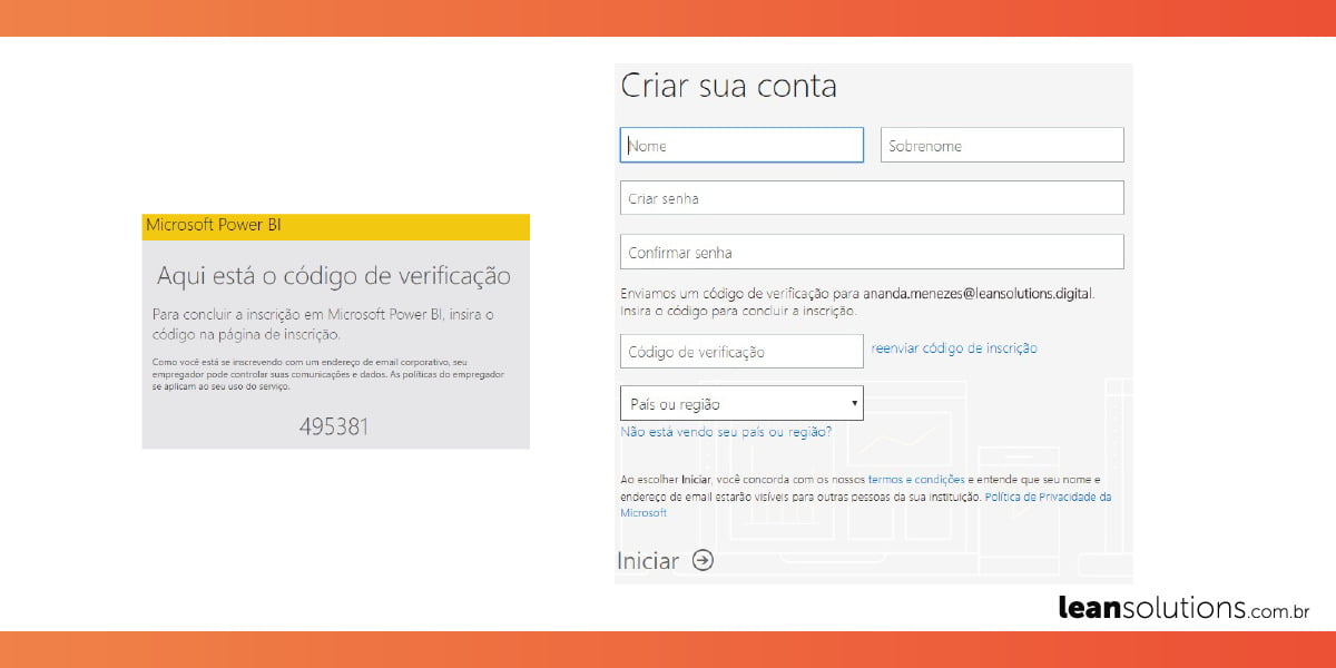 A imagem mostra os campos de preenchimento para criação de conta no serviço do Power BI