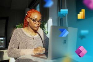 Pessoa mulher utilizando laptop em ambiente iluminado, com ícones das ferramentas Microsoft Power Platform flutuando em volta, representando integração e automação low code.