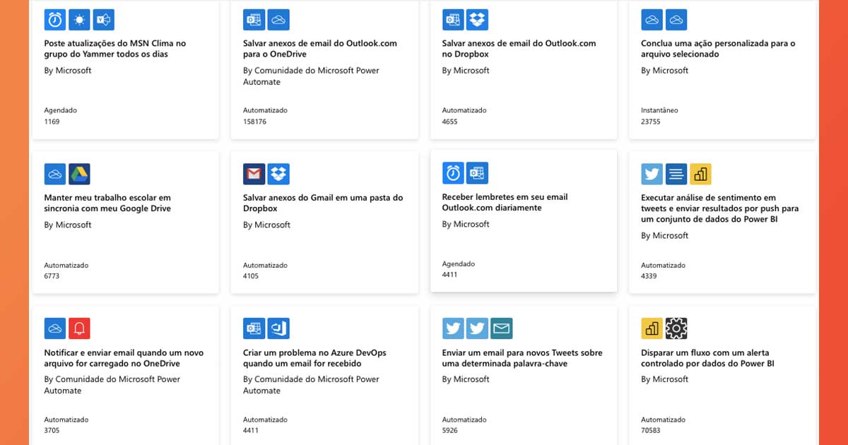 Lista de predefinições do Power Automate, na Power Platform