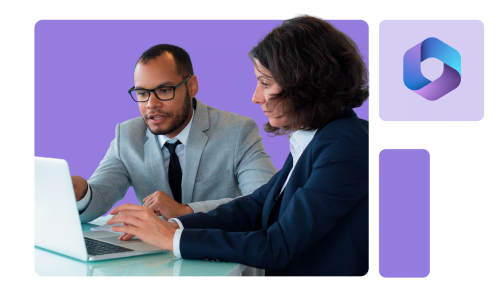 Dois profissionais de negócios em uma reunião usando notebook, com ícone do Microsoft 365 ao fundo, simbolizando adequação à LGPD com ferramentas digitais.