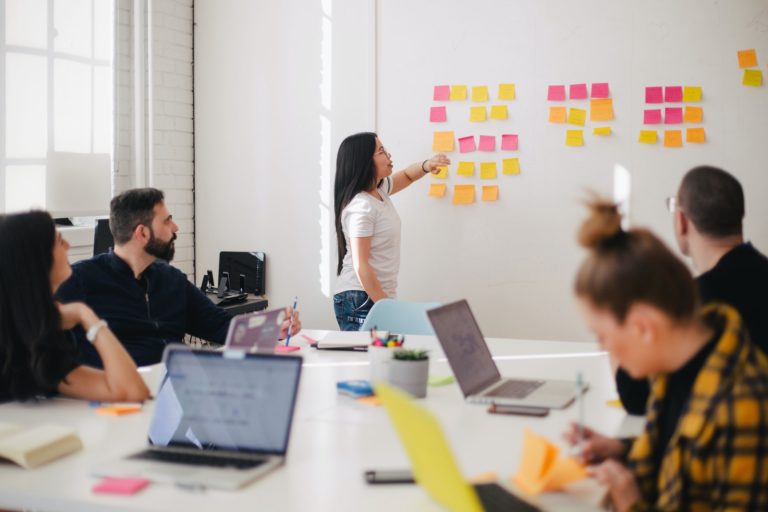 Equipe de RH reunida em sala de reunião, analisando post-its coloridos em quadro branco para avaliação de talentos, com uso de laptops.