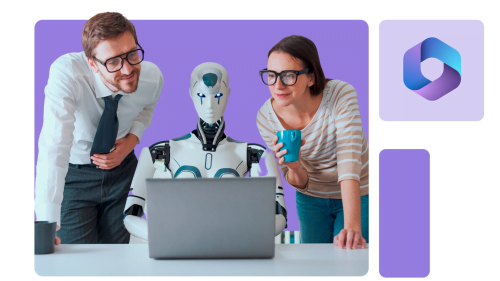 um robô ao meio com um notebook, um homem à esquerda e uma mulher à direita