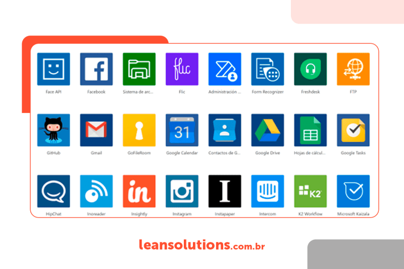 Imagem mostra 24 das mais de 400 ferramentas que podem ser integradas ao Power Automate. Dentre elas, estão: Gmail, Google Drive, Instagram e Facebook.
