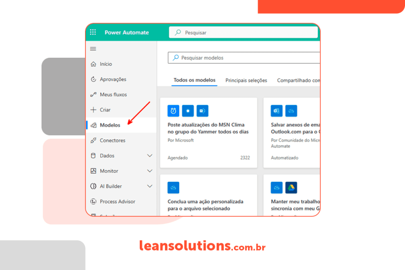 Print de tela do Power Automate, com destaque para as abas de modelo, em que há templates para a criação de aplicativos.