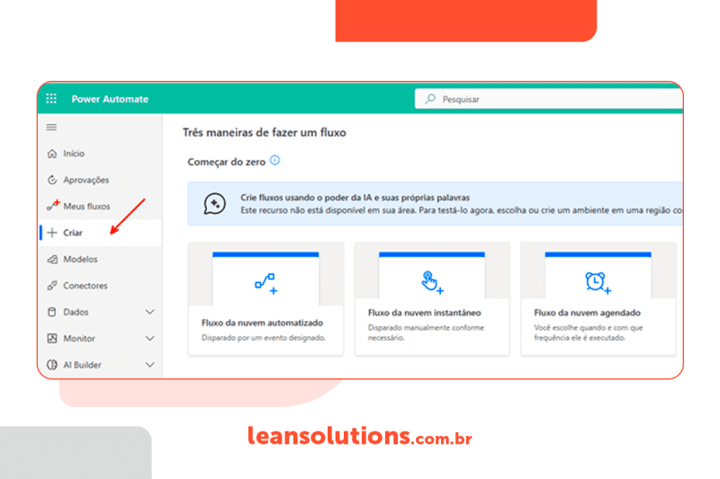 Captura de tela do Microsoft Power Automate apresenta o botão "criar", em que o usuário pode elaborar um novo modelo partindo do zero.