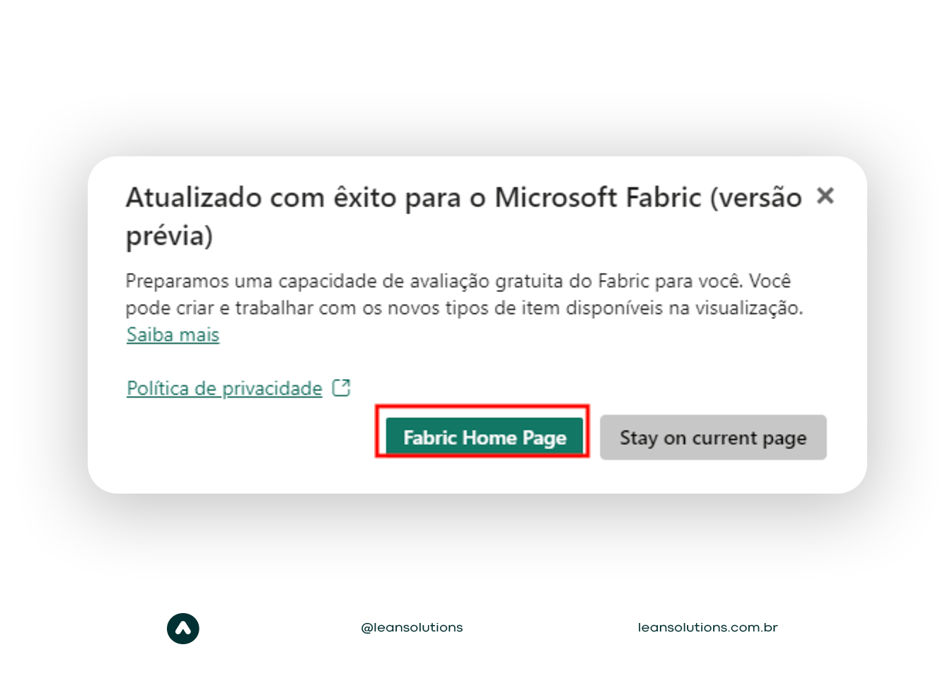 mensagem de confirmação de acesso à página inicial do Fabric