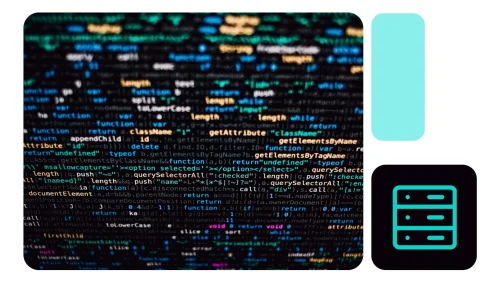 Tela cheia de linhas de código colorido representando o universo de Big Data, com ícone de banco de dados destacado ao lado.