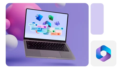 Notebook flutuando em fundo lilás, exibindo ícones e recursos dos aplicativos Microsoft 365, como Word, Excel, Teams e Outlook.
