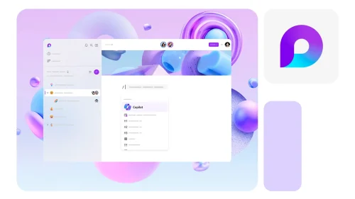 Interface do Microsoft Loop exibida em tela flutuante, com ícone da ferramenta destacado ao lado sobre fundo em tons azul e lilás.