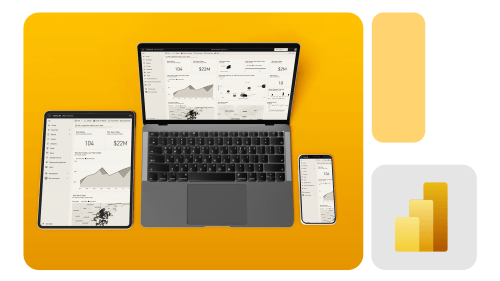 Tablet, notebook e smartphone exibindo dashboards conectados ao Power BI em fundo amarelo, simbolizando atualização automática de relatórios.