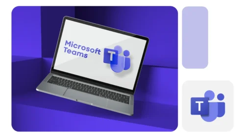 Notebook inclinado exibindo a tela de inicialização do Microsoft Teams, com ícone e fundo roxo moderno.