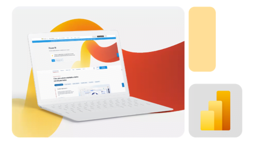 Notebook exibindo página oficial do Power BI, com ilustrações em tons de amarelo e laranja ao fundo e ícone do Power BI ao lado.