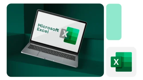 Notebook inclinado com tela exibindo logomarca do Microsoft Excel e ícone do aplicativo em destaque ao lado, sobre fundo verde.