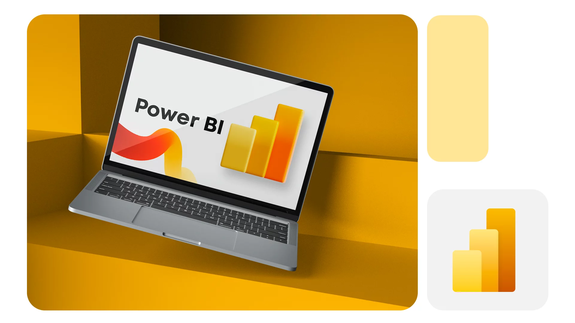 Notebook moderno com Power BI na tela, exibido ao lado de ícone do software e objetos em fundo amarelo, simbolizando análise de dados multissetorial.
