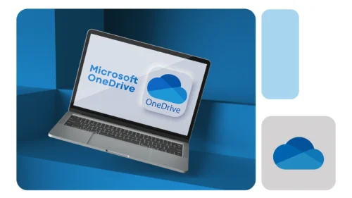 Notebook exibindo tela do Microsoft OneDrive, com ícone de nuvem ao lado, sobre fundo azul representando tecnologia e armazenamento em nuvem.
