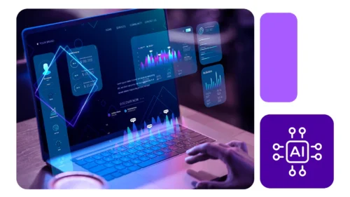 Notebook com projeção de gráficos digitais e elementos visuais de dados, tudo em tons azuis e roxos, simbolizando o uso de inteligência artificial para análise preditiva.