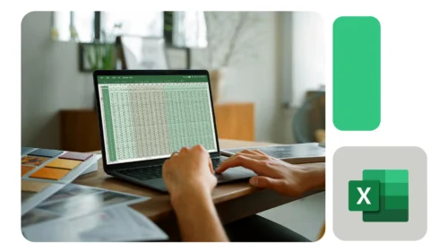 Mãos interagindo com notebook aberto exibindo tabela extensa no Excel, próximo a revistas e materiais de trabalho, representando análise de dados com Power Query.