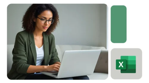 Mulher digitando em notebook em ambiente claro e profissional, destacando tons verdes típicos do Excel, sugerindo análise avançada em planilhas.