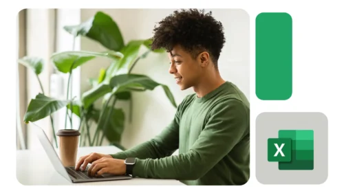 Jovem digitando em notebook em ambiente iluminado, com plantas ao fundo e elementos verdes ligados ao Excel.