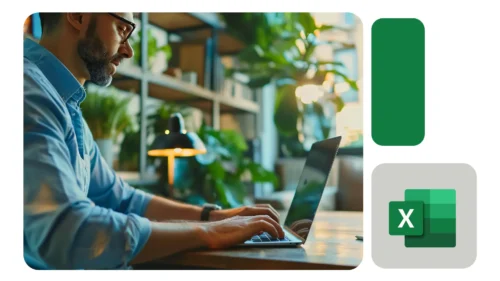 Profissional analisando dados em notebook, com foco lateral no ambiente de trabalho e ícone do Excel, transmitindo concentração e clareza.