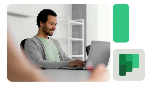 Homem utilizando notebook em ambiente claro de escritório, com ícone do Microsoft Planner ao lado, simbolizando planejamento e organização.