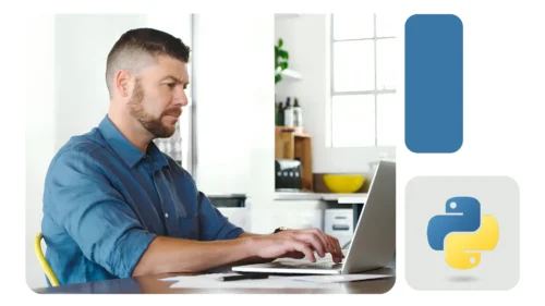 Homem digitando em notebook em ambiente claro, com ícone do Python destacado, representando programação acessível e análise de dados.