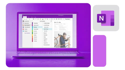 Notebook exibindo interface do OneNote sobre mesa roxa, com logo do OneNote ao lado, representando organização digital em tons vibrantes.
