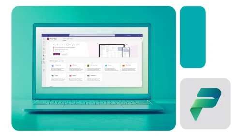 Notebook exibindo a interface do Power Platform em destaque sobre mesa azul clara, com logo moderno da ferramenta ao lado, sugerindo inovação e tecnologia.