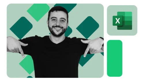Homem sorridente apontando com os dois dedos para baixo, em fundo claro com losangos verdes e ícone do Excel no canto superior direito.