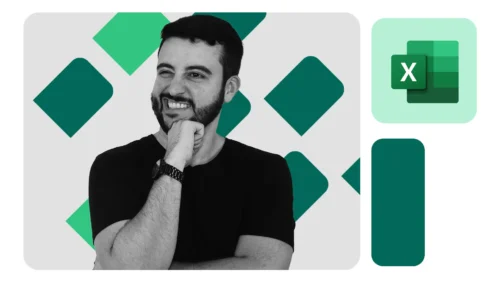 Homem sorrindo, pensativo, com a mão no queixo, posicionado à esquerda em fundo com losangos verdes, e ícone do Excel no canto superior direito.