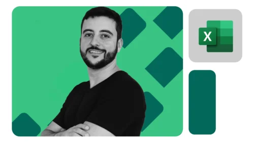 Homem sorridente de braços cruzados em fundo verde com ícones do Excel, transmitindo confiança e domínio em funções avançadas.