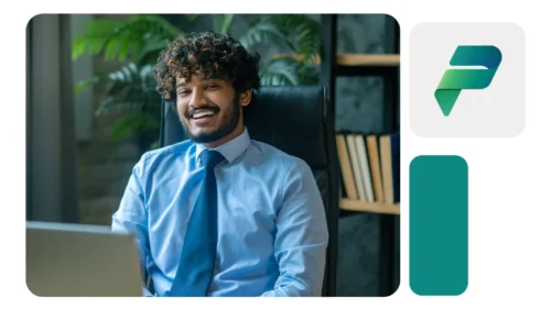 Homem jovem de terno e gravata azul, sorridente, sentado em escritório moderno usando laptop; ao lado, ícone do Power Platform em destaque.