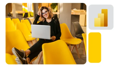Pessoa sentada casualmente em cadeira amarela segura notebook no colo em ambiente descontraído, com ícone do Power BI ao lado.