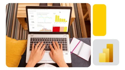 Pessoa utiliza notebook que exibe dashboards de Power BI enquanto digita; ao lado, anotações em bloco e ícone do Power BI.