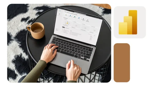 Pessoa usando notebook sobre mesa redonda preta, ao lado de xícara de café, visualizando tela do Power BI.