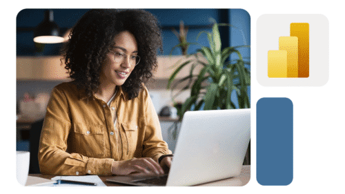 Pessoa digitando em notebook, ao lado de caderno aberto, com ícone do Power BI no canto.
