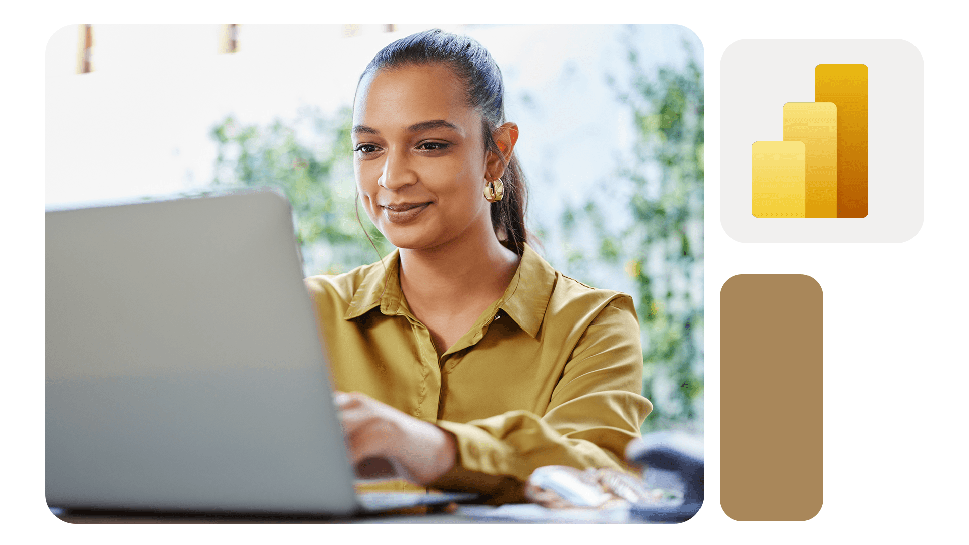 Mulher de camisa dourada trabalha com foco em notebook, em ambiente moderno e iluminado; ícone do Power BI aparece ao lado.