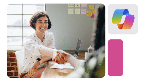 Mulher cumprimenta outra pessoa em ambiente de escritório iluminado, com laptop, papéis e post-its coloridos ao fundo; ícone faz referência ao Copilot Studio.
