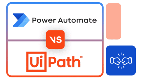 Imagem comparativa com os logotipos do Power Automate e UiPath, separados pelo termo "VS", representando um duelo entre plataformas de RPA.