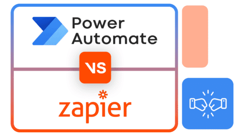 Logotipos do Power Automate e do Zapier lado a lado, separados por um quadro com “vs” no centro, representando uma comparação entre as duas plataformas de automação de processos.