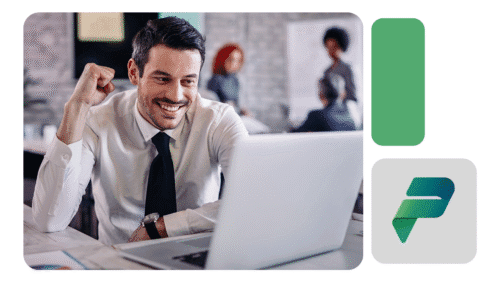 Homem sorrindo, com expressão de conquista, utiliza notebook em ambiente corporativo; ícone faz referência à Power Platform.