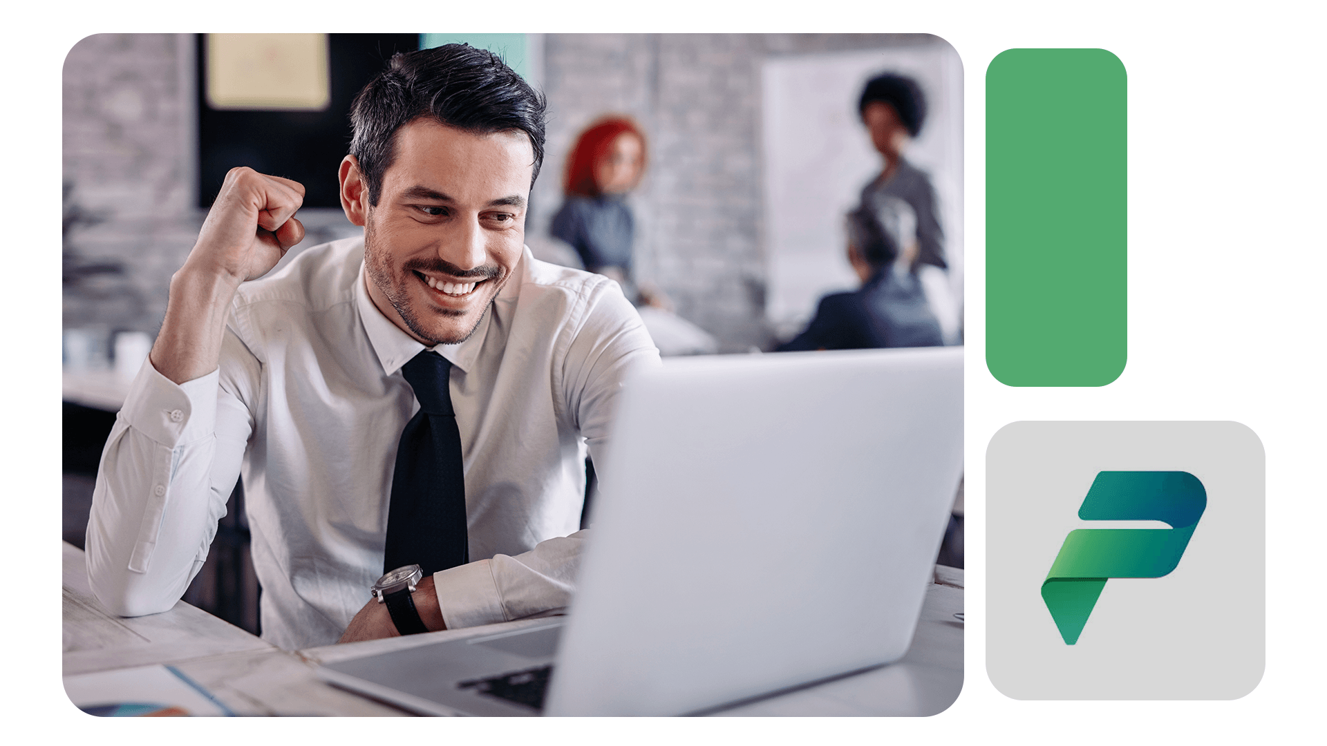 Homem sorrindo, com expressão de conquista, utiliza notebook em ambiente corporativo; ícone faz referência à Power Platform.