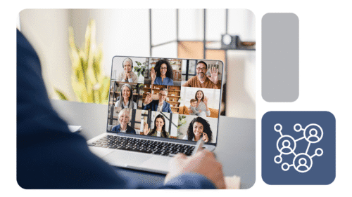 Pessoa em videoconferência usando notebook, com várias janelas exibindo colaboradores interagindo remotamente; ícone sugere conexão em rede de pessoas.