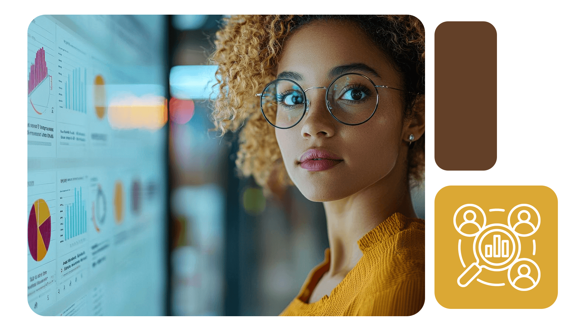 Mulher observa painel digital com gráficos e dashboards, representando análise de dados de pessoas; ícone mostra conexão entre pessoas e dados.