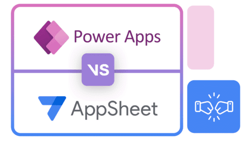 Imagem com fundo branco e moldura em degradê rosa e lilás; lado esquerdo superior apresenta o logotipo do Power Apps, e inferior esquerdo o do AppSheet, separados pelo texto “VS” centralizado em um bloco lilás; destaque visual para ícone azul de cumprimento e retângulo rosa no canto direito.