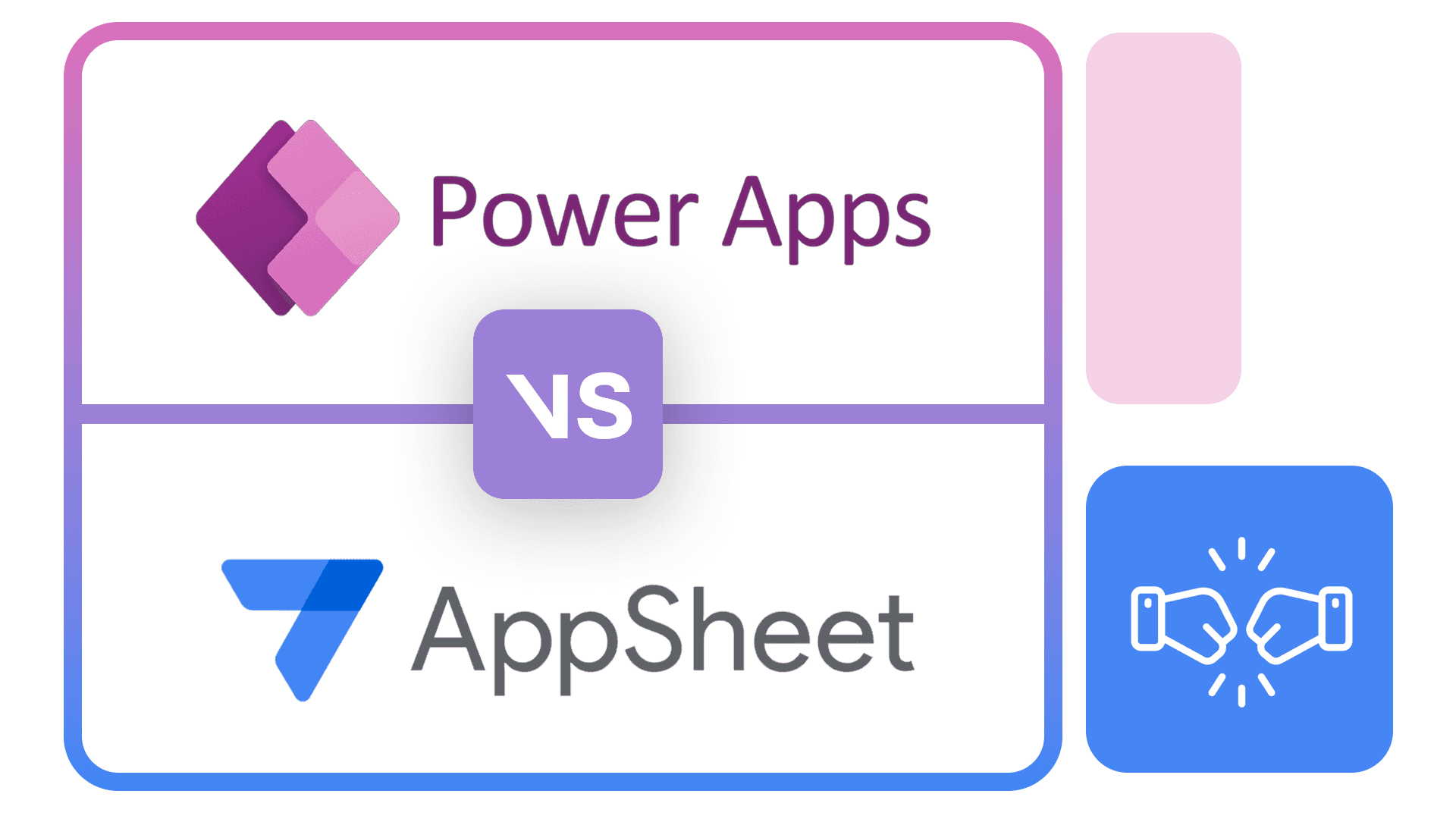 Imagem com fundo branco e moldura em degradê rosa e lilás; lado esquerdo superior apresenta o logotipo do Power Apps, e inferior esquerdo o do AppSheet, separados pelo texto “VS” centralizado em um bloco lilás; destaque visual para ícone azul de cumprimento e retângulo rosa no canto direito.