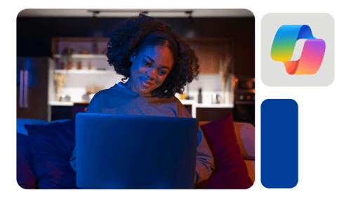 Mulher usando notebook em casa à noite, iluminada por luz azul, com ícone do Copilot Studio ao lado.