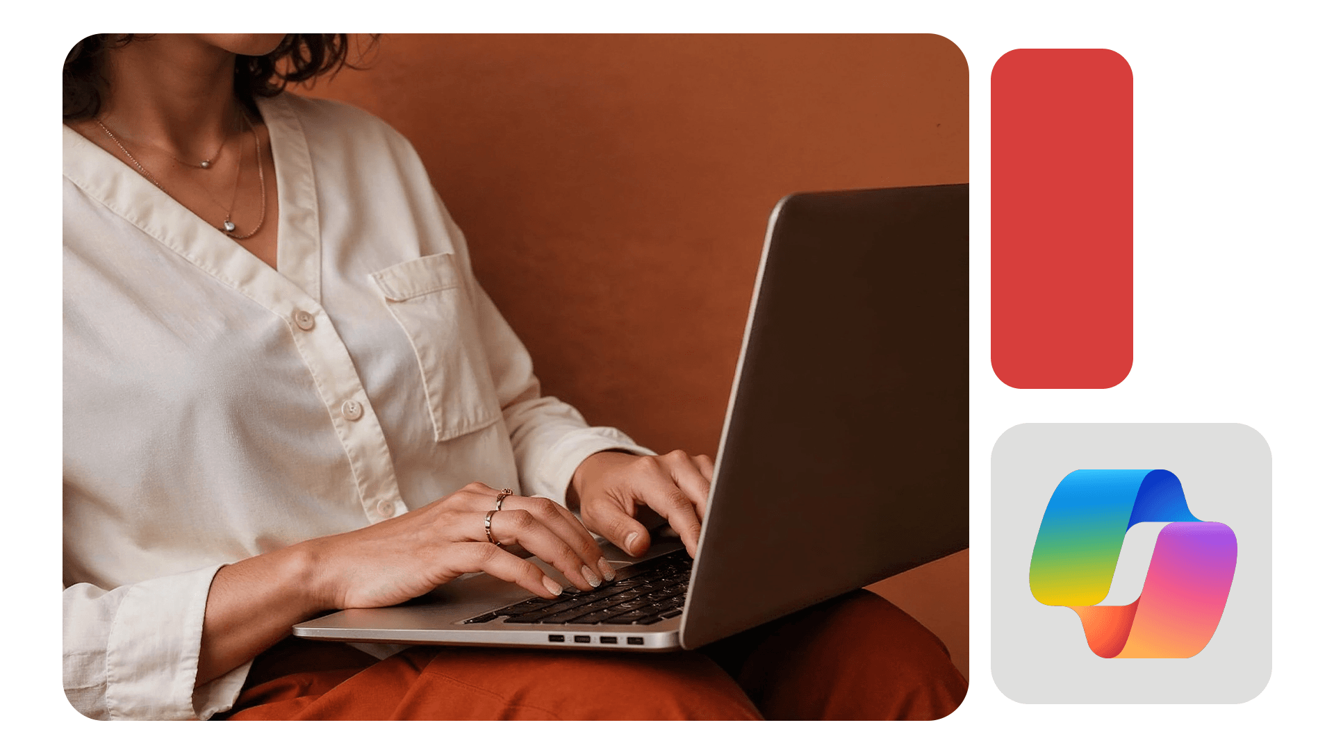 Mulher digitando em um notebook prateado, sentada em ambiente em tons terrosos, com ícone colorido do Copilot Studio ao lado.