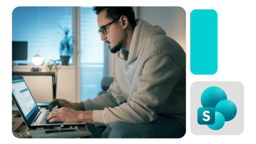 Homem usando notebook em ambiente interno à noite, concentrado em organizar arquivos, com ícone do SharePoint ao lado.